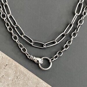 NEW, 2 layered silver necklace, HAND, semi chunky, plated HAND, edgy punk goth